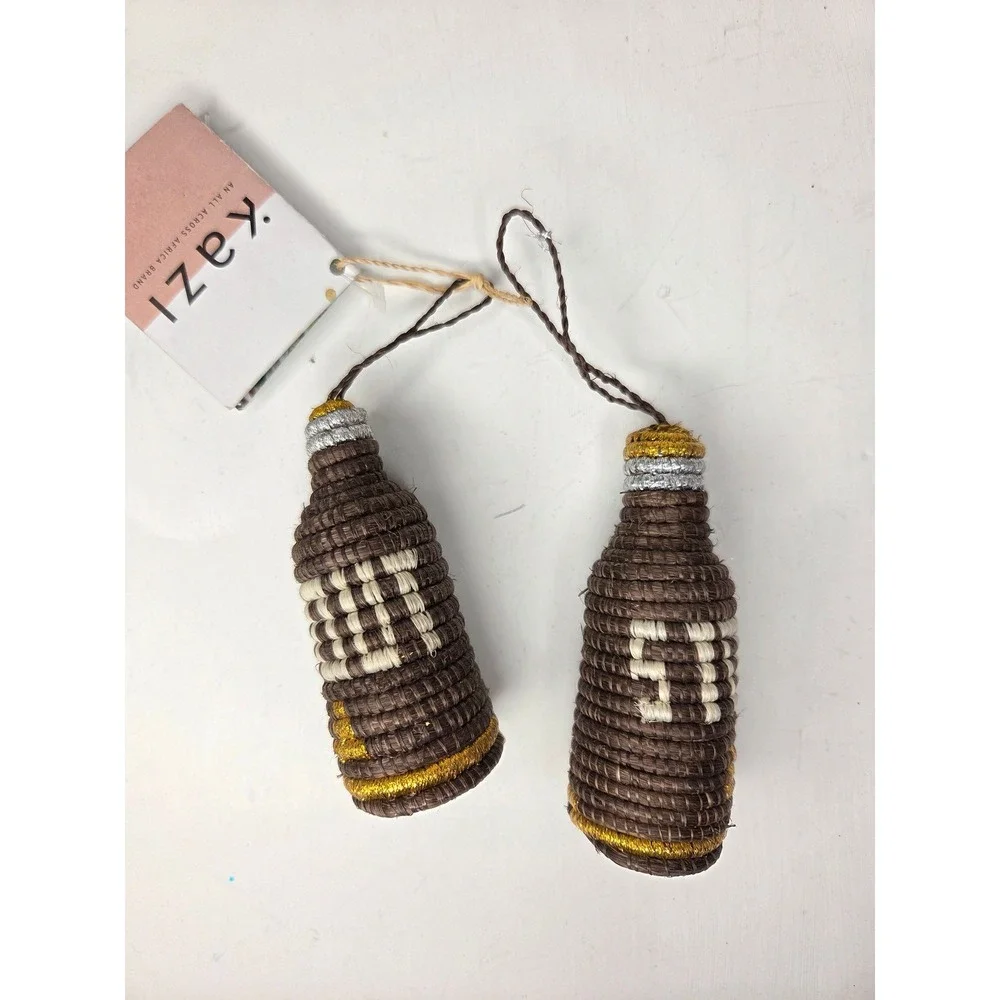 Stout Lager Beer Brown Woven Bottle Shaped Ornaments Set of 2